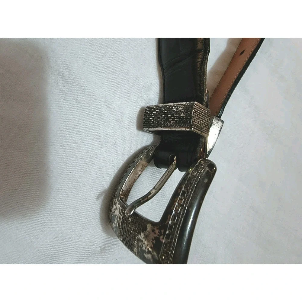 Vtg Onyx by Brighton Belt M Mens 36 Black Embossed Tip Buckle Leather 12503